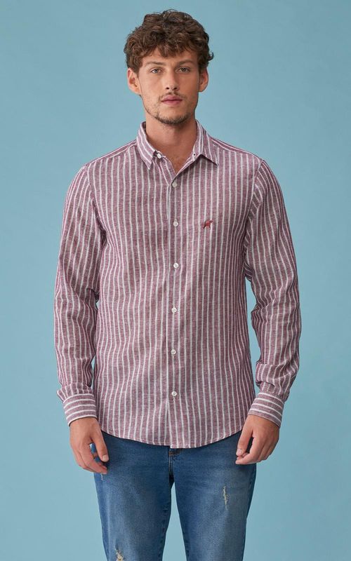 Camisa Masculina c/ linho - LISTRADO VERMELHO