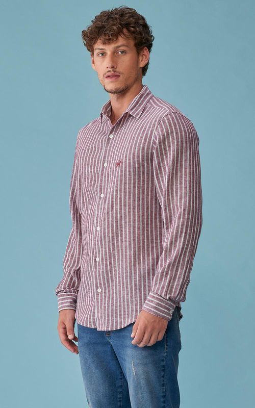 Camisa Masculina c/ linho - LISTRADO VERMELHO