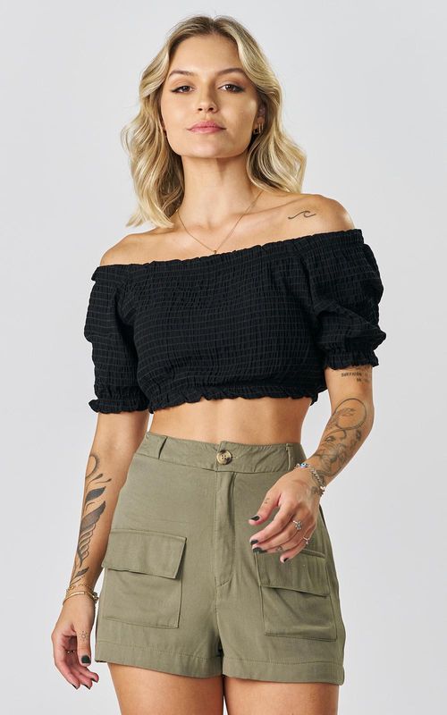 Blusa Ombro a Ombro Nervuras - PRETO