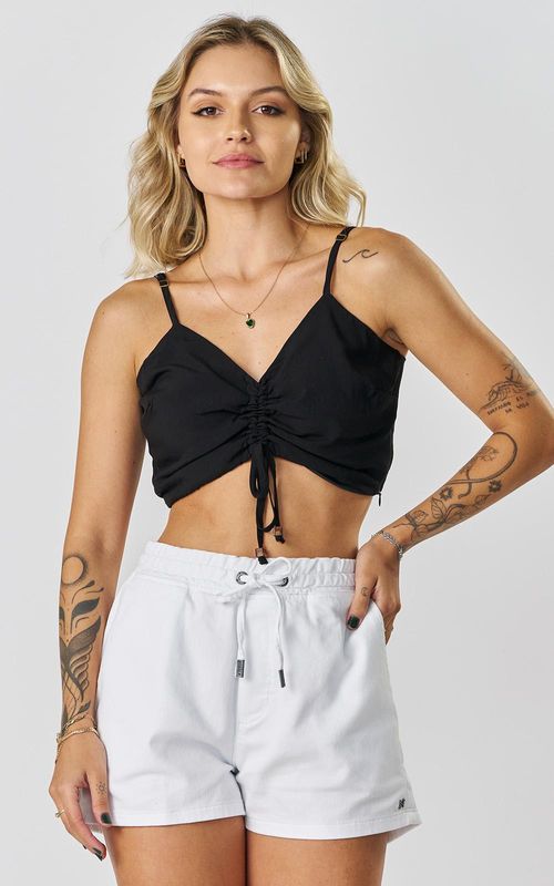 Blusa Cropped Estampada Franzida - PRETO