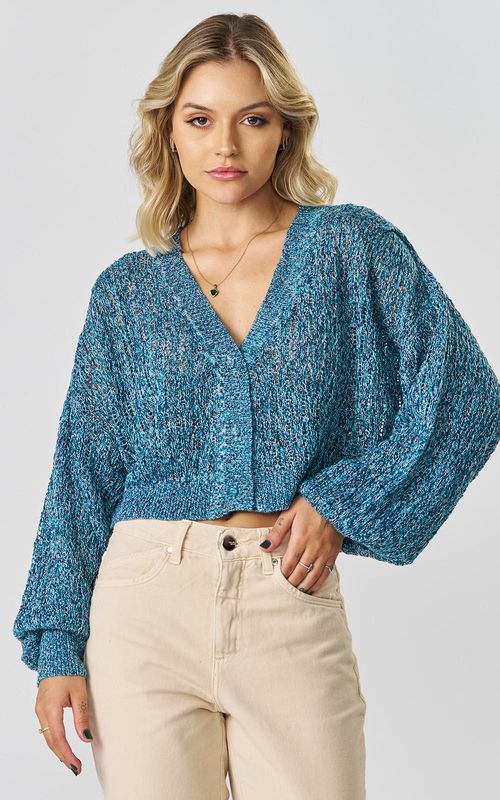 Cardigan Tricot Fem. mesclado - BLUE MESCLADO