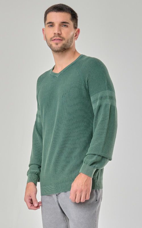 Tricot masc. washed dec. v raglan textura - VRD BLACK GREEN