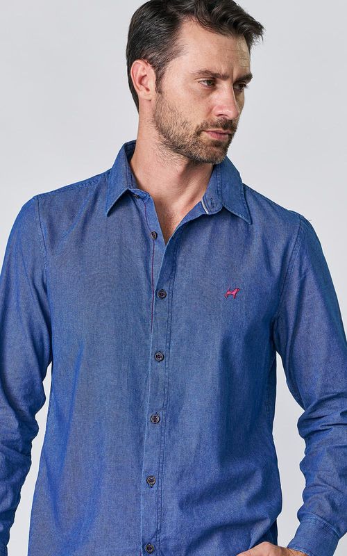 Camisa ML Masc. Jeans Oxford c/ bordado - INDIGO