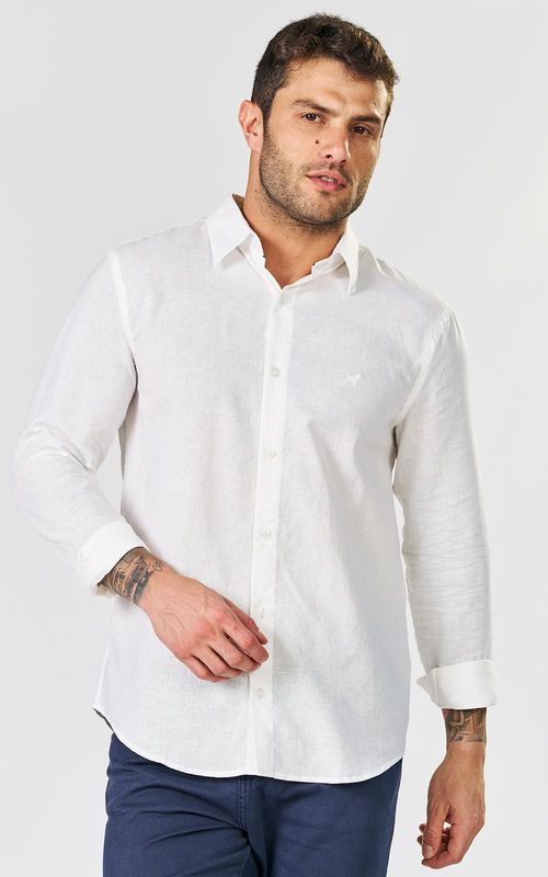 Camisa ML Masc. Linho c/ bordado - BRANCO