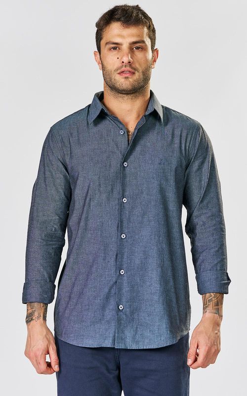 Camisa ML Masc. Chambray c/ bordado - MARINHO