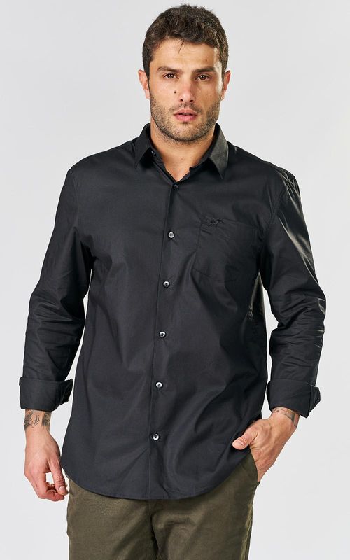 Camisa ML Masc. lisa elastano c/ bolso - PRETO