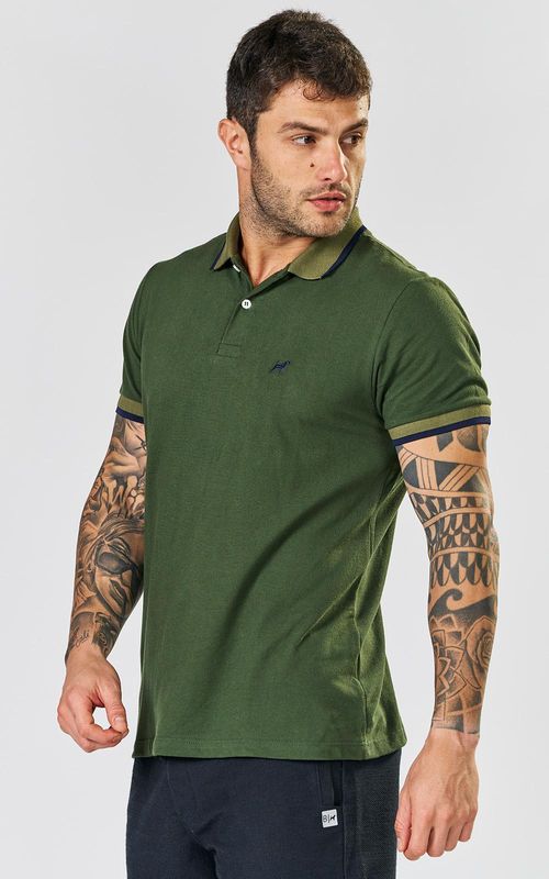 Polo básica manga curta gola jacquard masculina - VRD BLACK GREEN