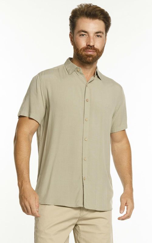 Camisa Masculina Lisa Manga Curta - VERDE CHÁ