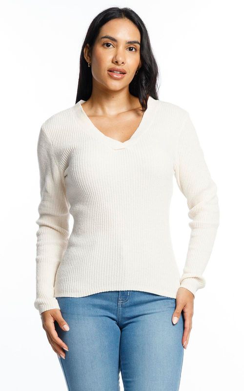 Tricot fem. gola V ajustado ao corpo. - OFF-WHITE