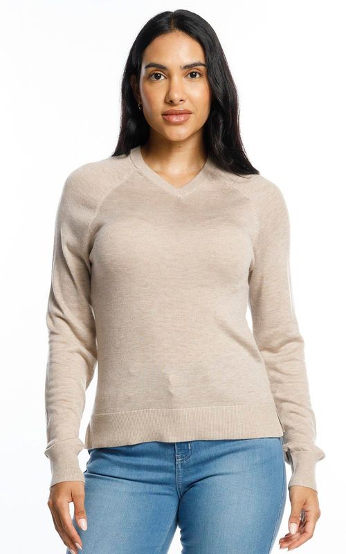 Tricot fem. gola V  raglan ajustado ao corpo. - AMENDOA