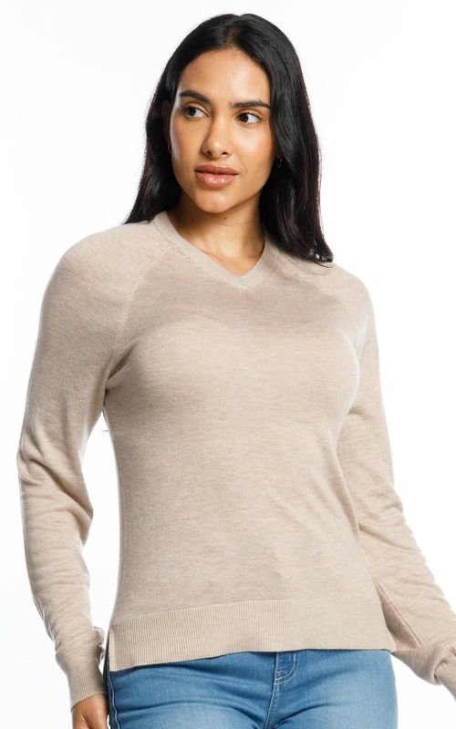 Tricot fem. gola V  raglan ajustado ao corpo. - AMENDOA